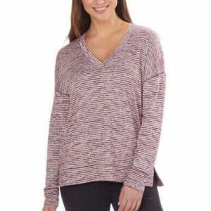 Kirkland Signature Shirt Top Medium Long Sleeve V-Neck Aubergine Stripe